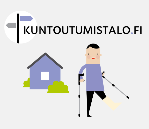 Piirroskuva, jossa talon edessä seisoo ihminen, jolla on kyynärsauvat ja jalka kipsissä.