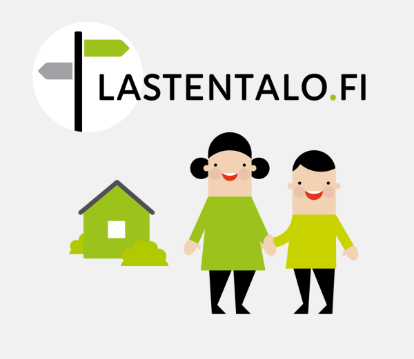 Piirroskuva, jossa kaksi lasta seisoo talon edessä.
