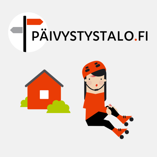 Piirroskuva, jossa rullaluistelija on kaatunut talon pihalla. Rullaluistelijalla on haava otsassa ja polvessa.