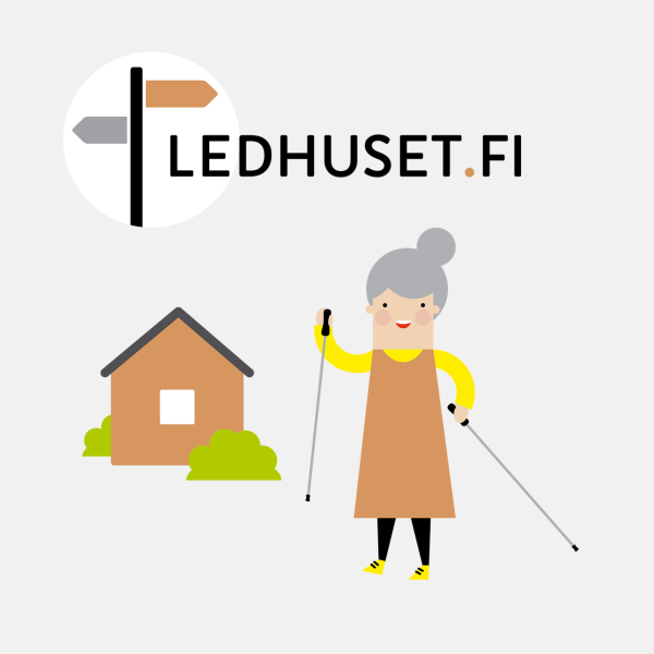 En teckning av en gammal person som står på gården i ett hus med gångstavar.
