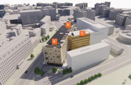 Kompassisairaalan havainnekuva, jossa näkyy osat A, B ja C.